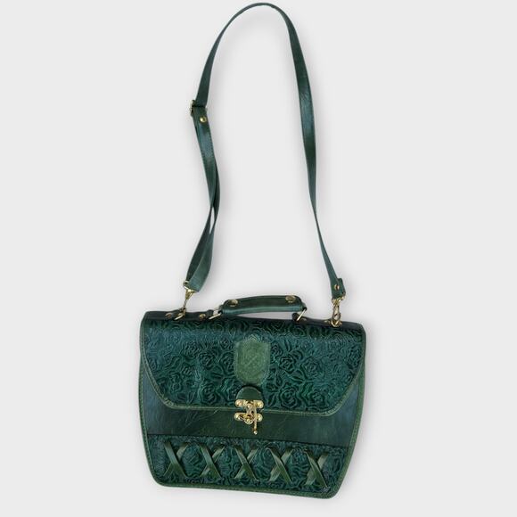 Dina Jordan Tooled Leather Shoulder Bag Sea Green Floral Metal Hardware VTG - Picture 2 of 8